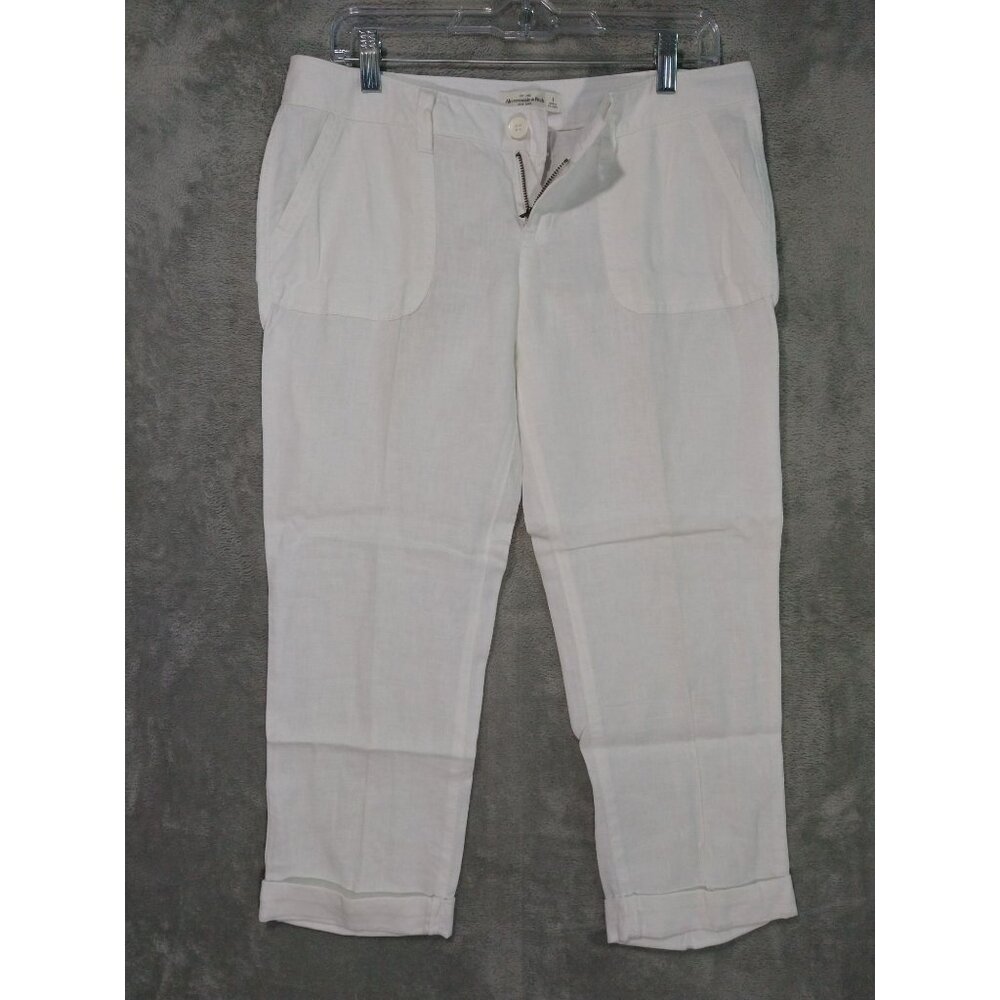 Abercrombie Fitch Pants Womens 4 White Linen Cropped Cuffed Beachy Coastal